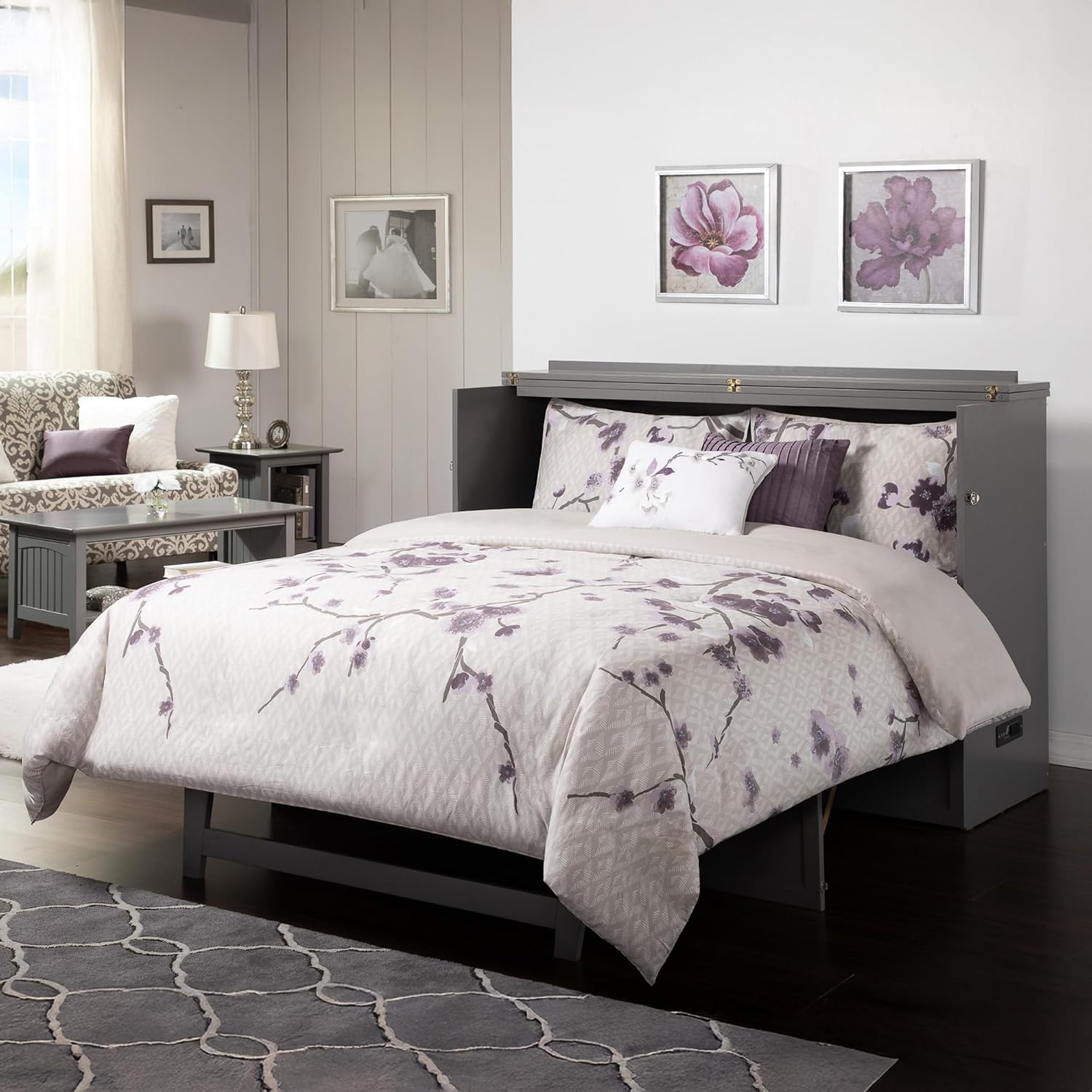 AFI Deerfield Murphy Bed Chest with Charging Station, Queen, Grey