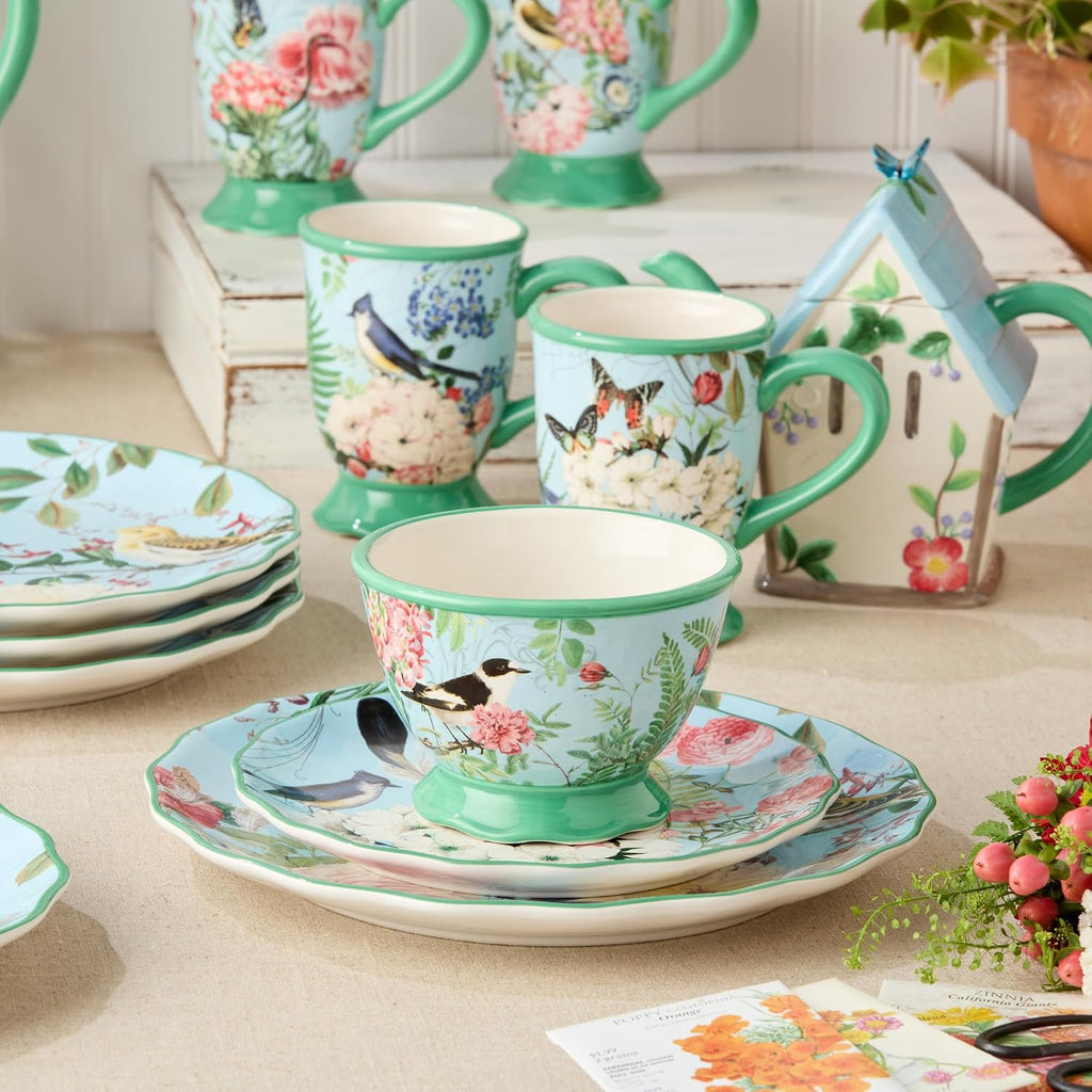 Flora 16-Piece Dinnerware Set, Service for 4 – Includes Dinner Plates, Dessert Plates, Pedestal Mugs, and Pedestal Ice Cream Bowls with Vibrant Nature-Inspired Floral Designs