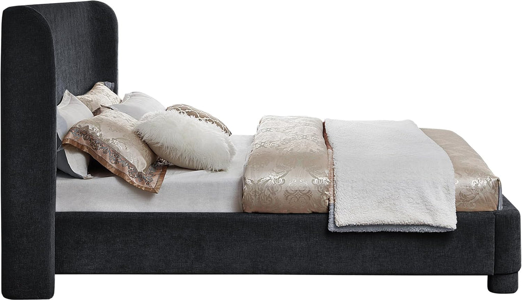 Meridian Furniture B1207Black-Q Penny Collection Modern | Contemporary Queen Bed with Rich Black Chenille Fabric, Curved Headboard, 73' W x 88' D x 52' H, Black, Queen