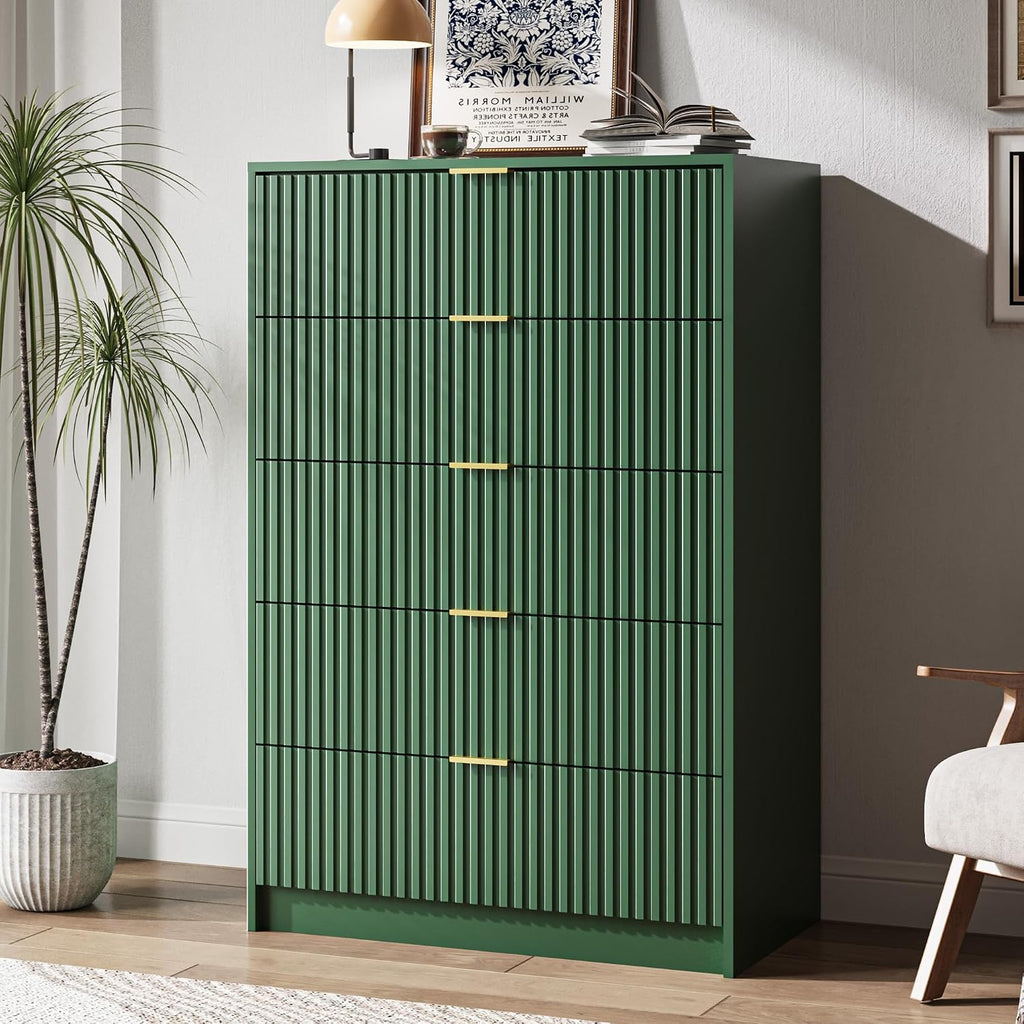 MAISONARIA 5 Drawer Dresser for Bedroom, Tall Dresser Chest of Drawers with Gold Handles, 32 Inch Wide Nightstand with for Bedroom, Living Rooms, Offices, and Entryways, Green