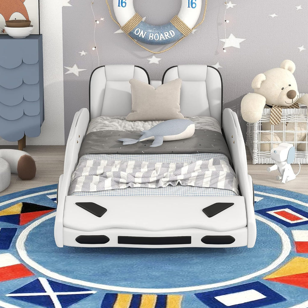 Twin Size Race Car-Shaped Platform Bed with Decorative Wheels and Seat Backrest,Wooden Platform Bed Frame and Wood Slat Support for Kids Teens Boys Girls Bedroom Furniture,White