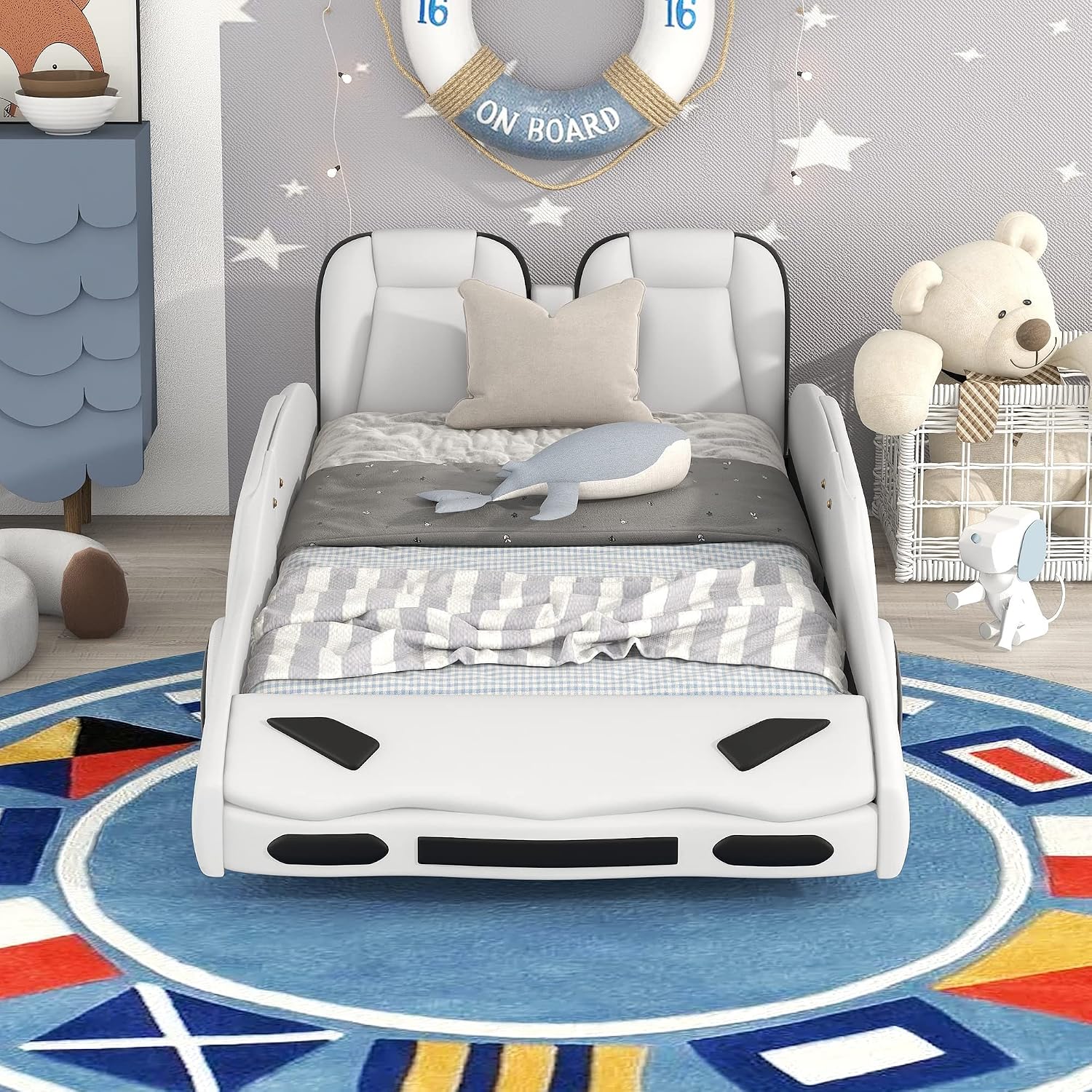 Twin Size Race Car-Shaped Platform Bed with Decorative Wheels and Seat Backrest,Wooden Platform Bed Frame and Wood Slat Support for Kids Teens Boys Girls Bedroom Furniture,White