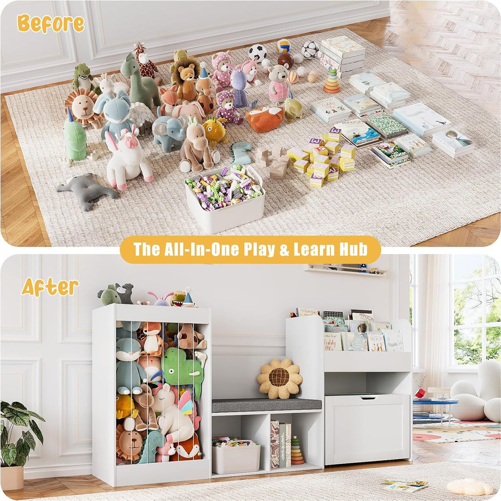 68.9' W Kids Reading Nook, Toy Storage Box with Removable Building Baseplate Play Lid for Lego, Wooden Bookshelf with Stuffed Animal Storage, Bench and Removable Cushions for Playroom(White)