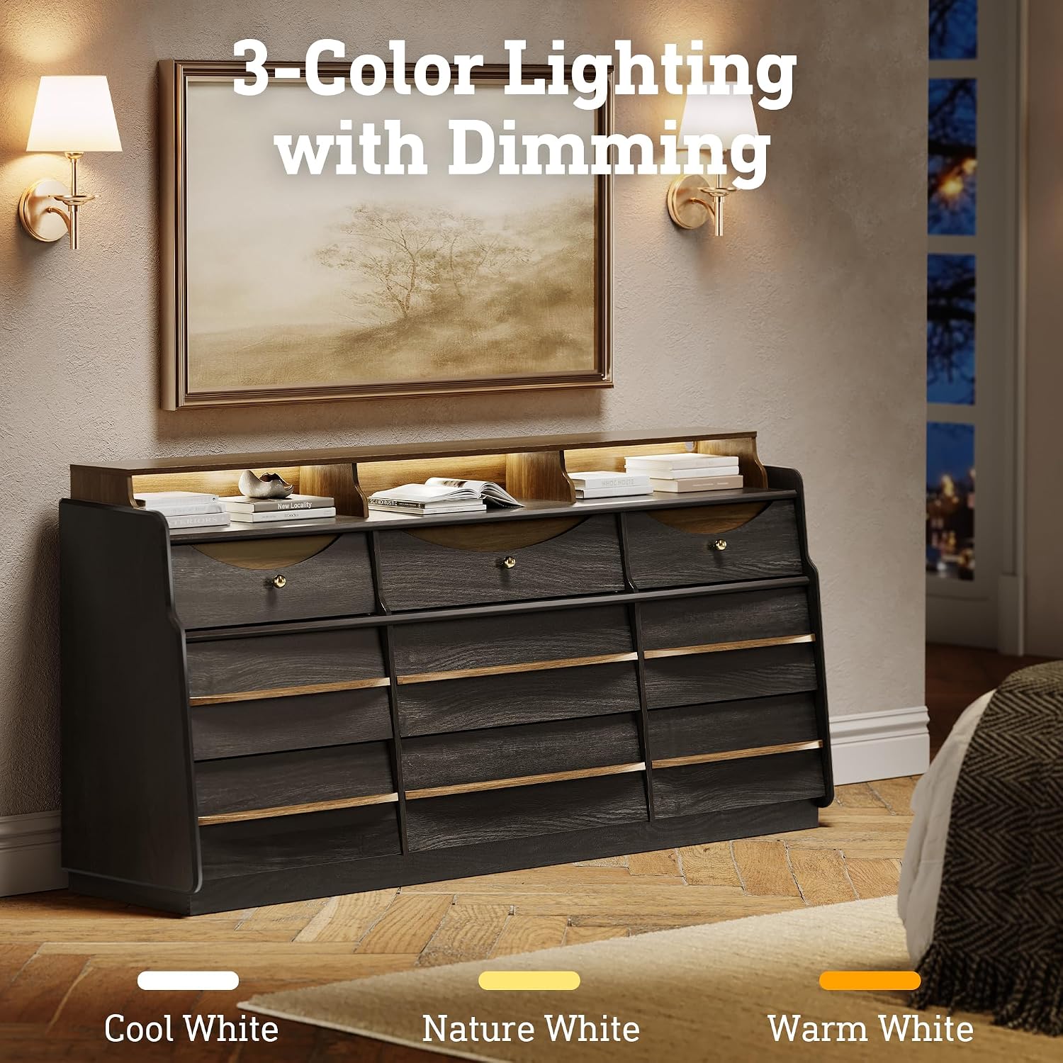 63' W 9-Drawer Black Dresser for Bedroom, Modern Wood Chest of Drawers w/LED Light, Round Knobs & Solid Wood Handles, Long Wooden Dresser TV Stand w/Shelf for TVs up to 75', Curved Profile Design