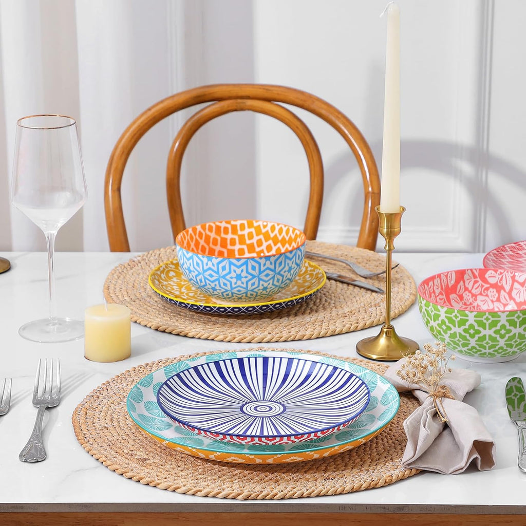 Selamica Ceramic Plates and Bowls Sets,32 Pieces Dinnerware Sets for 8,Scratch Resistant Dish Set for family gathering,Dishwasher & Microwave Safe, Assorted Colors