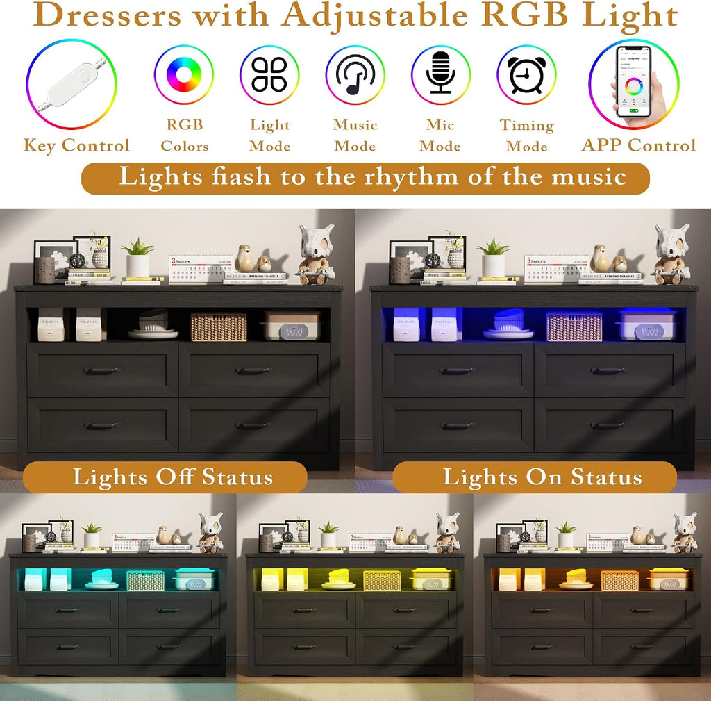 Wodeer Black Dresser for Bedroom, Wood 4 Drawer Dresser with LED Light, Dressers & Chests of Drawers with Metal Handles, Storage and Organization for Bedroom, Hallway, Entryway