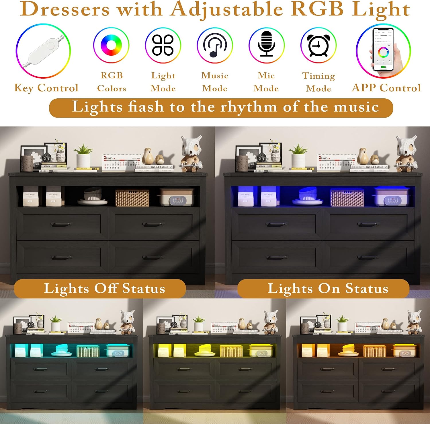 Wodeer Black Dresser for Bedroom, Wood 4 Drawer Dresser with LED Light, Dressers & Chests of Drawers with Metal Handles, Storage and Organization for Bedroom, Hallway, Entryway