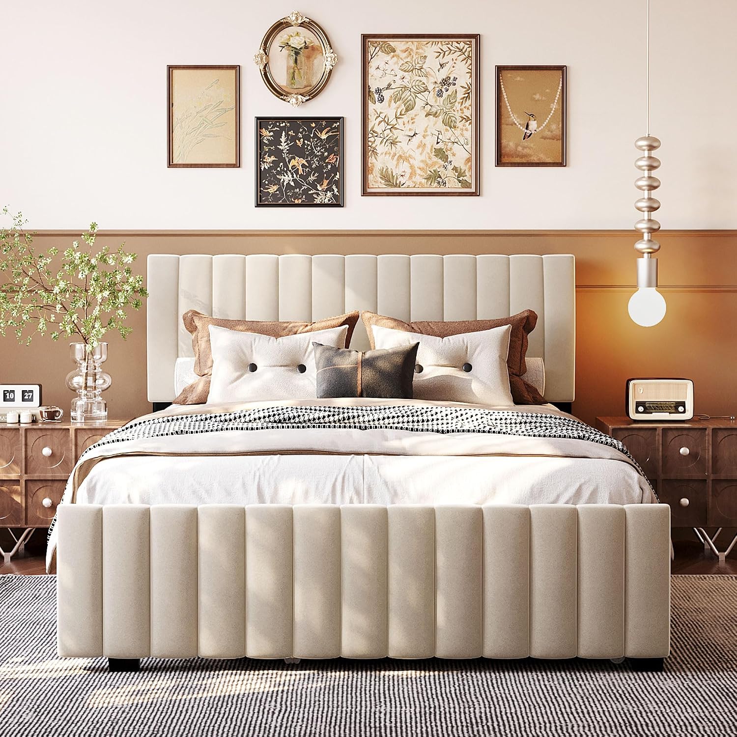 VilroCaz Modern Queen Size Velvet Upholstered Platform Bed with Twin Size Trundle Bed, Channel Tufted Headboard and Footboard, Sturdy Slats Support (Beige-5.25)