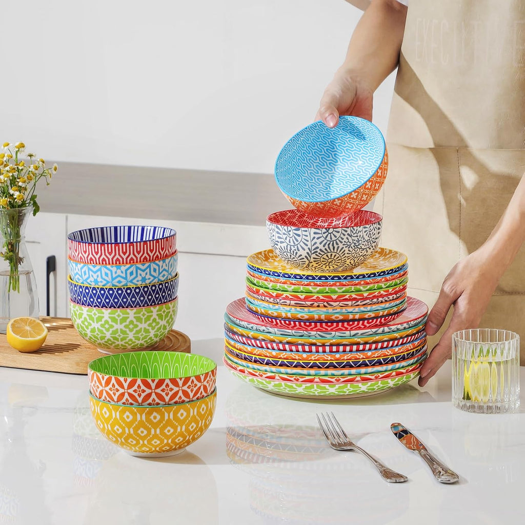 Selamica Ceramic Plates and Bowls Sets,24 Pieces Dinnerware Sets for 8,Scratch Resistant Dish Set for family gathering,Dishwasher & Microwave Safe, Assorted Colors