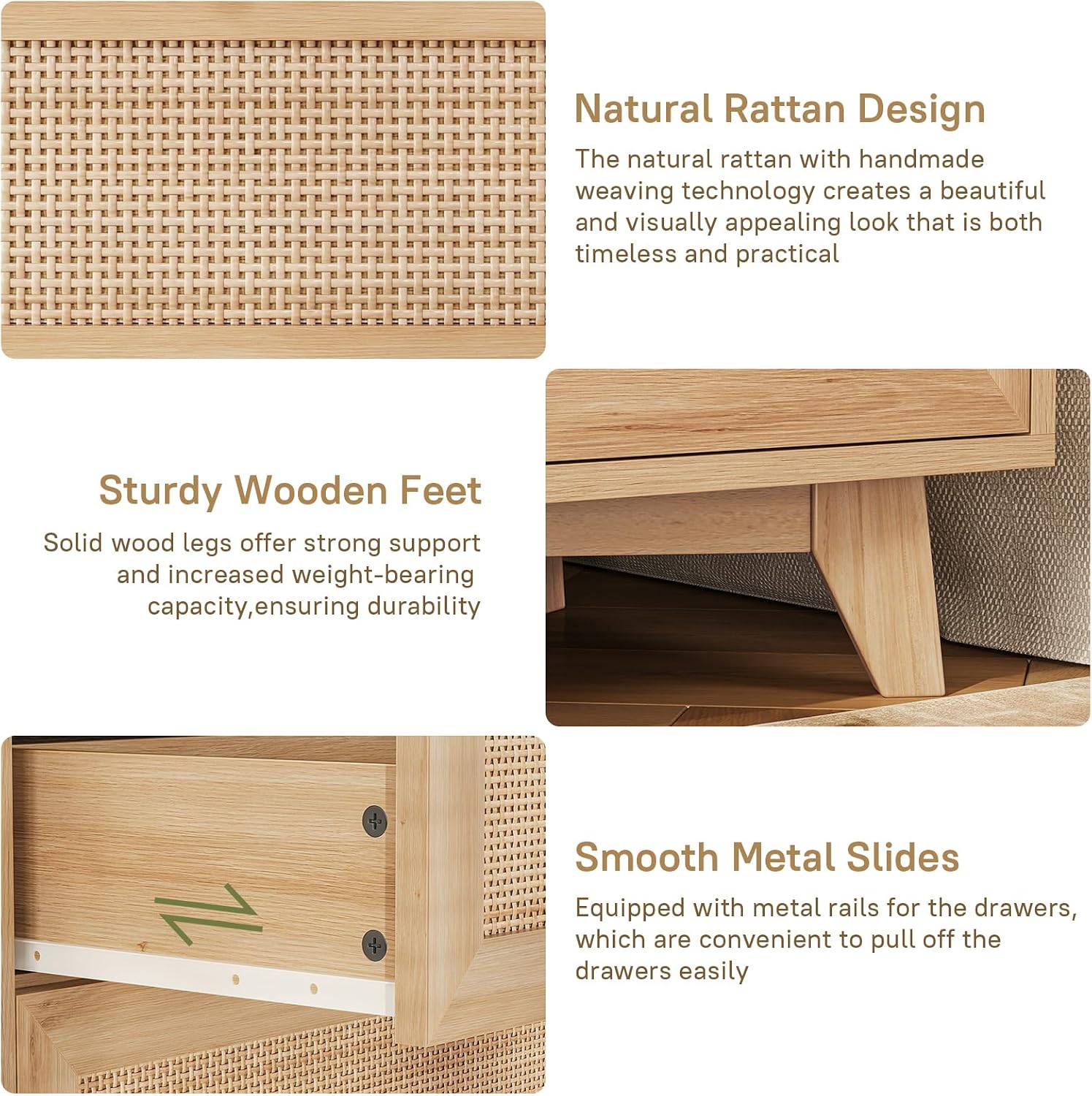 AOGLLATI Rattan Night Stand Set of 2, Boho Nightstand with Charging Station and 3 Drawers, 2 USB Ports and 2 AC Outlets, Rattan Bedside End Table with Solid Wood Legs for Bedroom