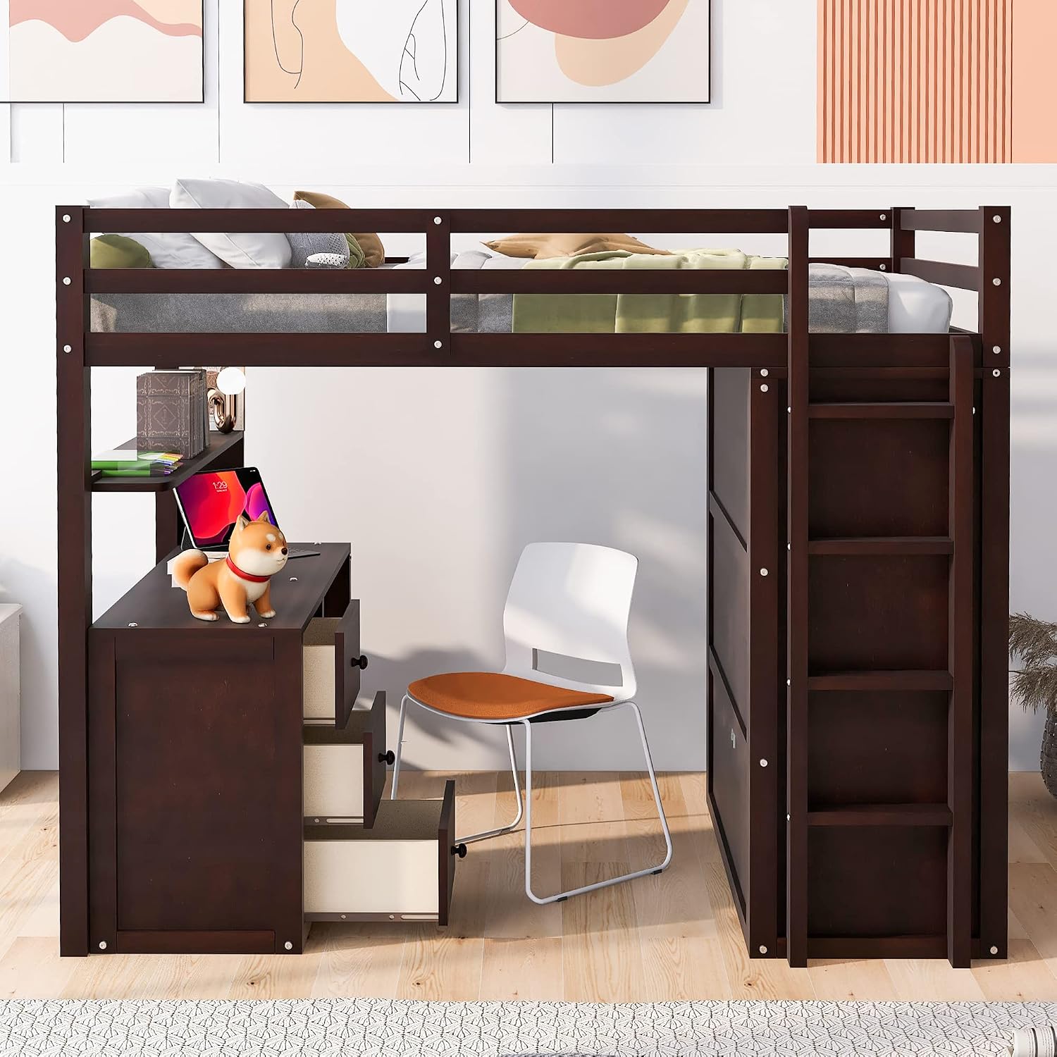 Full Size Loft Bed with Drawers and Desk, Wardrobe, Ladder for Kids, Adults, Girls, Bedroom, Easy Assembly, No Box Spring Needed, Space-Saving, Espresso