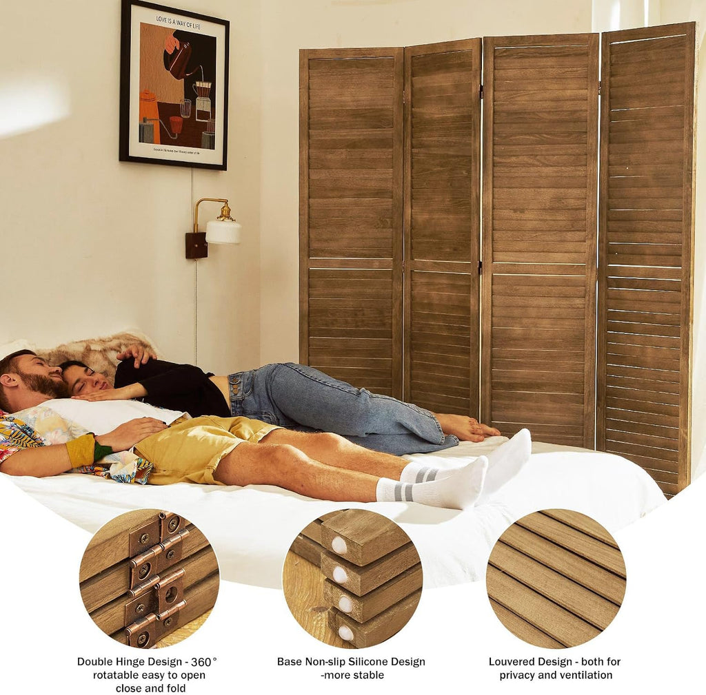 Room Dividers and Folding Privacy Screens, Wood Louvered Separators Divider Wall for Home Office Bedroom - 4 Panels, 67 * 60inch (Brown)