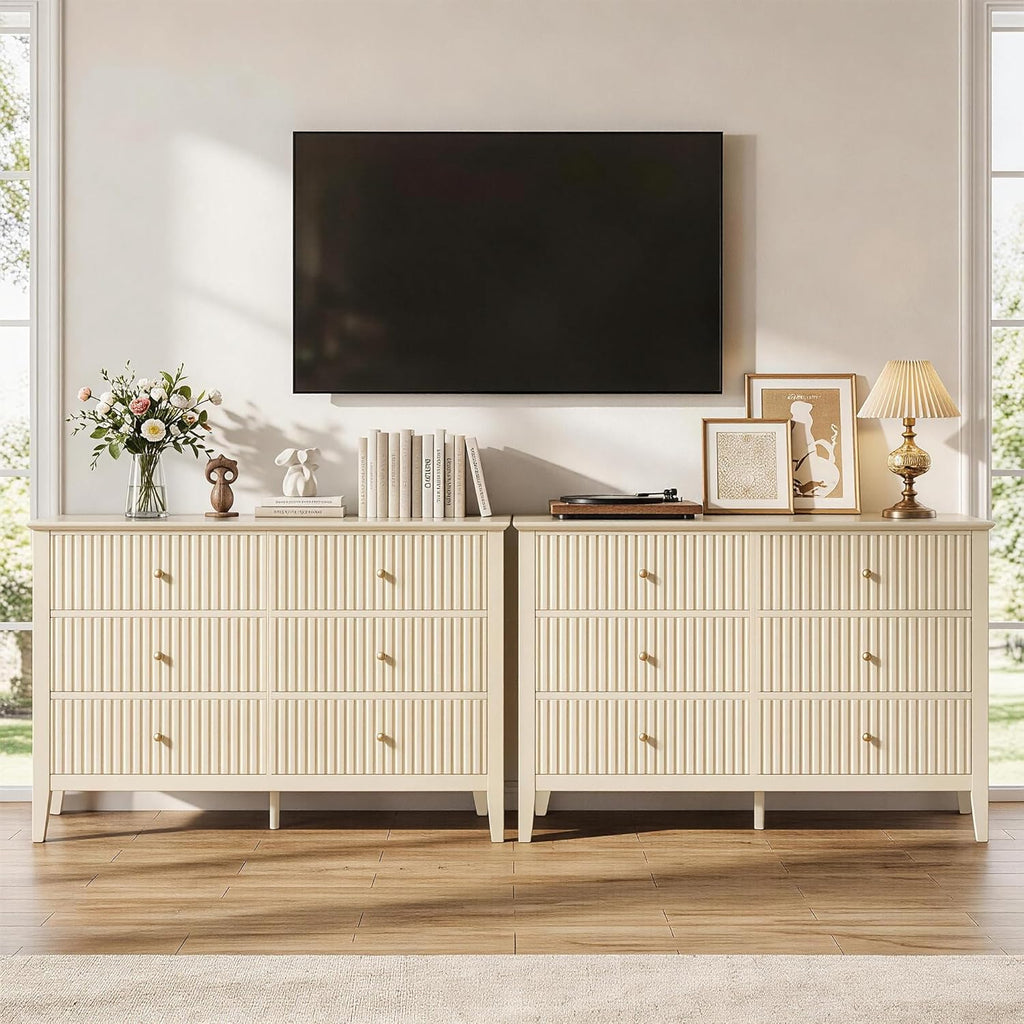 RoyalCraft Beige 6 Drawer Dresser, Fluted Modern Wood Chest of Drawers, Long Dresser for Bedroom TV Stand Storage Cabinet for Living Room