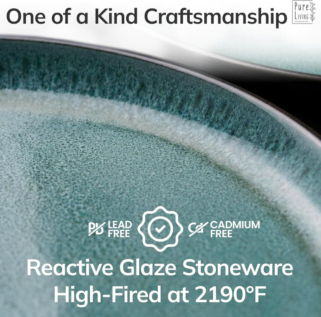 24 Piece Stoneware Dinnerware Set for 8 - Handmade Reactive Glaze Plates and Bowls Set - Chip & Scratch Resistant Dish Set - Dishwasher Microwave Safe - Black and Petrol Blue