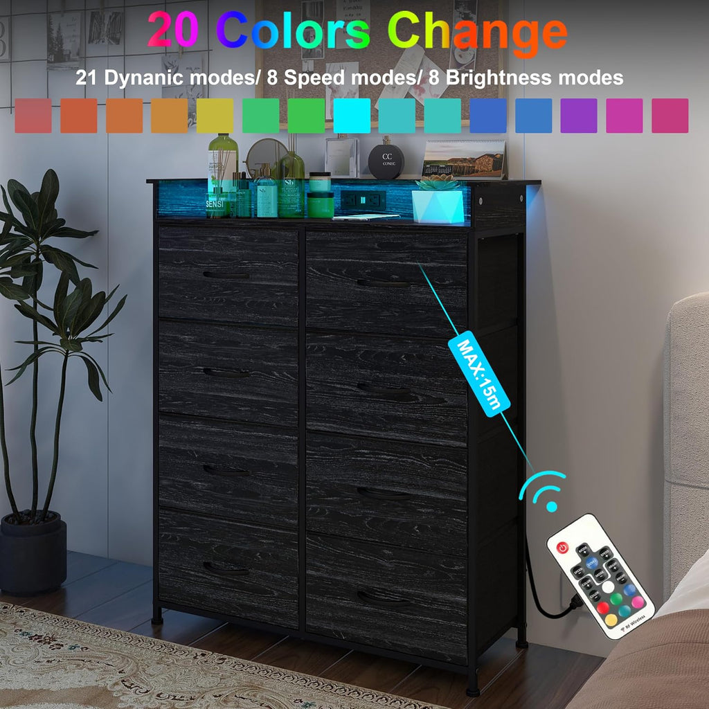 Fabric Dresser for Bedroom with LED Light and Charing Station Tall Dressers with 8 Drawers Black Dresser & Chest of Drawer for Closet Living Room Hallway Sturdy Steel Frame Wood Top
