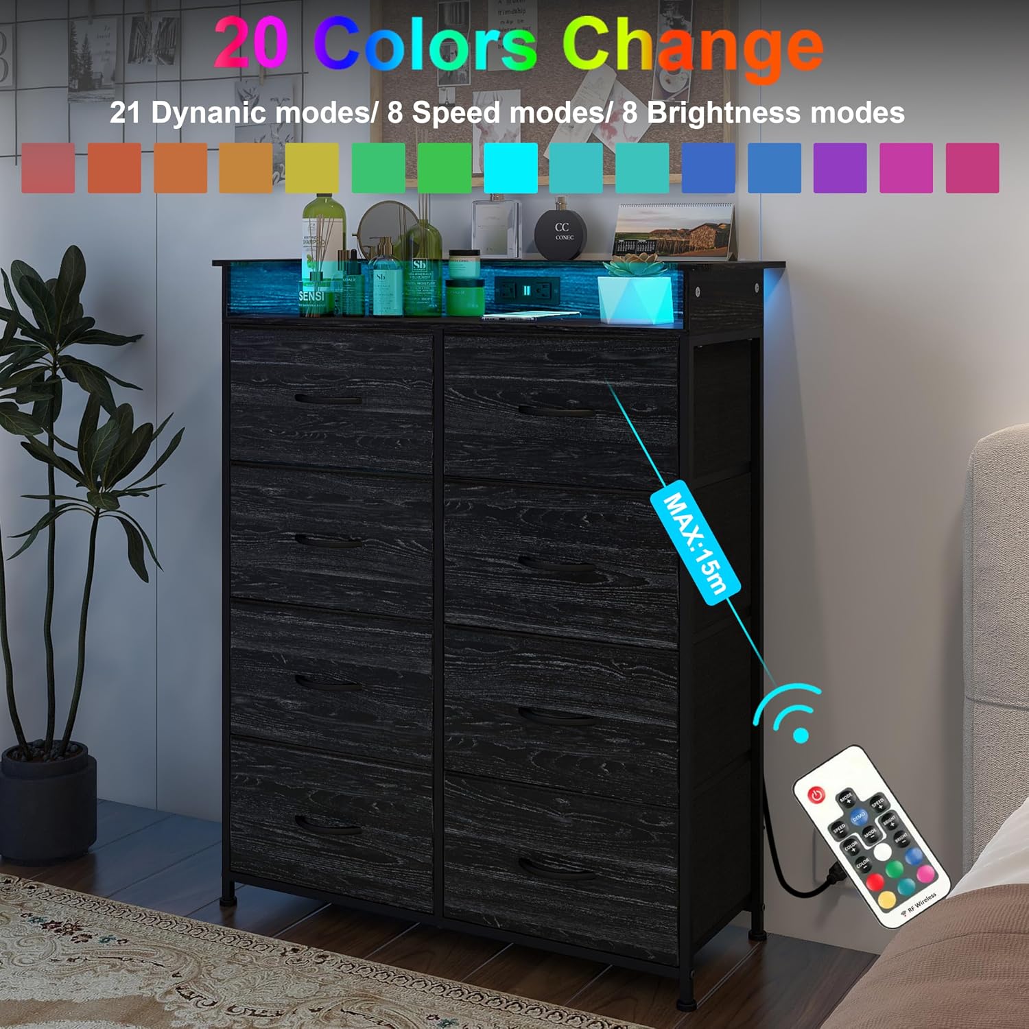 Fabric Dresser for Bedroom with LED Light and Charing Station Tall Dressers with 8 Drawers Black Dresser & Chest of Drawer for Closet Living Room Hallway Sturdy Steel Frame Wood Top