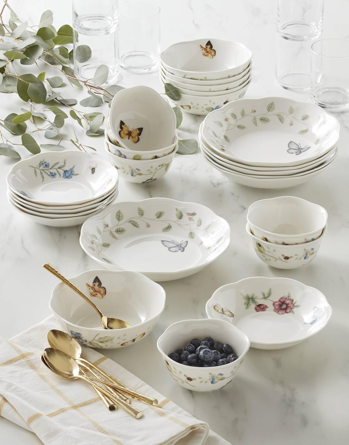 Lenox Dinnerware Set, Butterfly Meadow 24-Piece Bowls Set, Service For 6, Elegant Porcelain Dinnerware, Microwave And Dishwasher Safe, Dish Set, Plates & Dishes, Ramen Bowl (Assorted, 24 Piece)