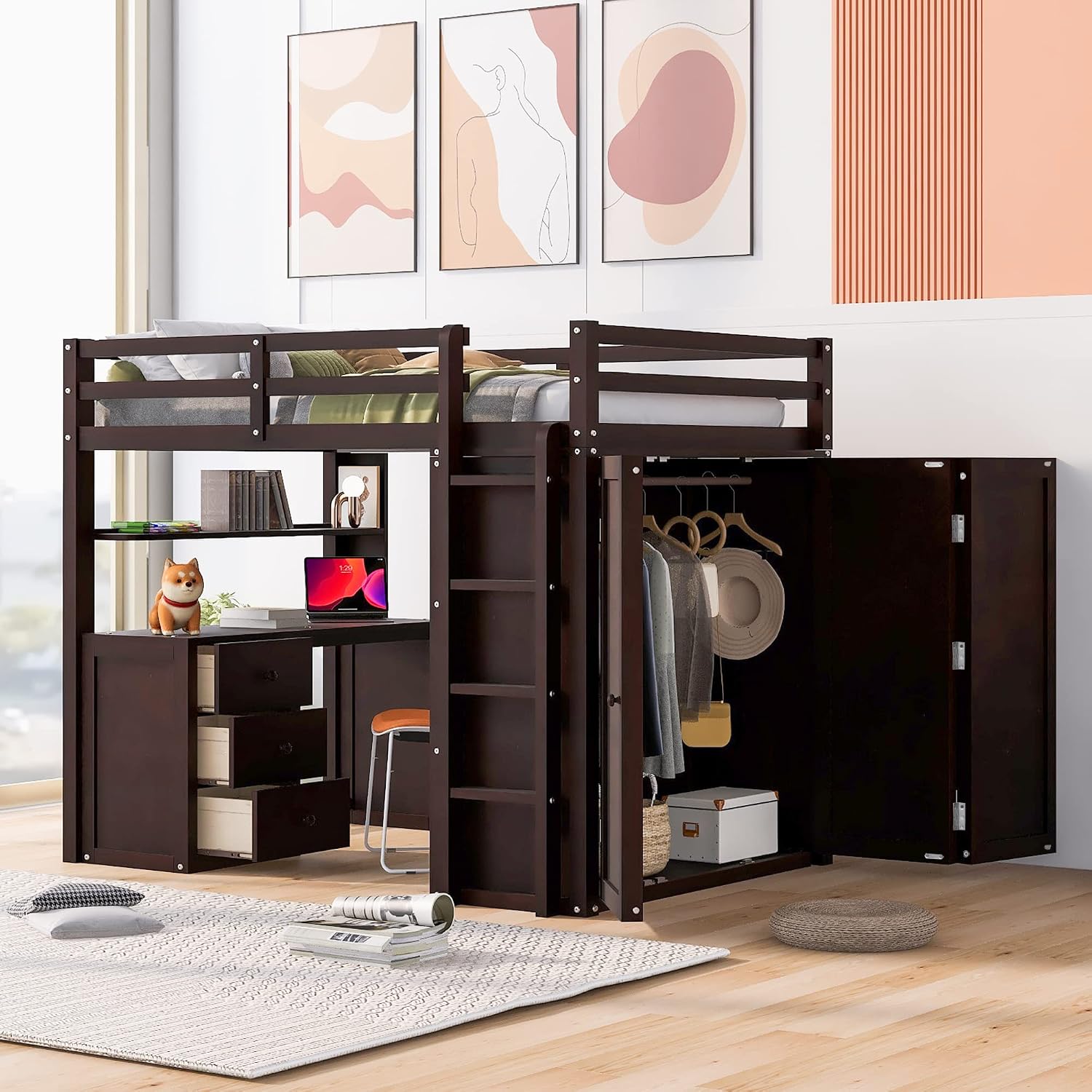 Full Size Loft Bed with Drawers and Desk, Wardrobe, Ladder for Kids, Adults, Girls, Bedroom, Easy Assembly, No Box Spring Needed, Space-Saving, Espresso