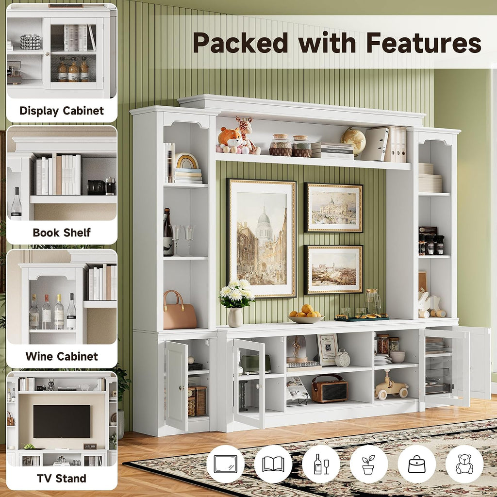 4-Piece Entertainment Center Wall Unit for TVs up to 65', Modern TV Stand with Bookshelves, Glass Doors & 4 Adjustable Shelves, Large Media Console Table with Display Cabinet for Living Room, White