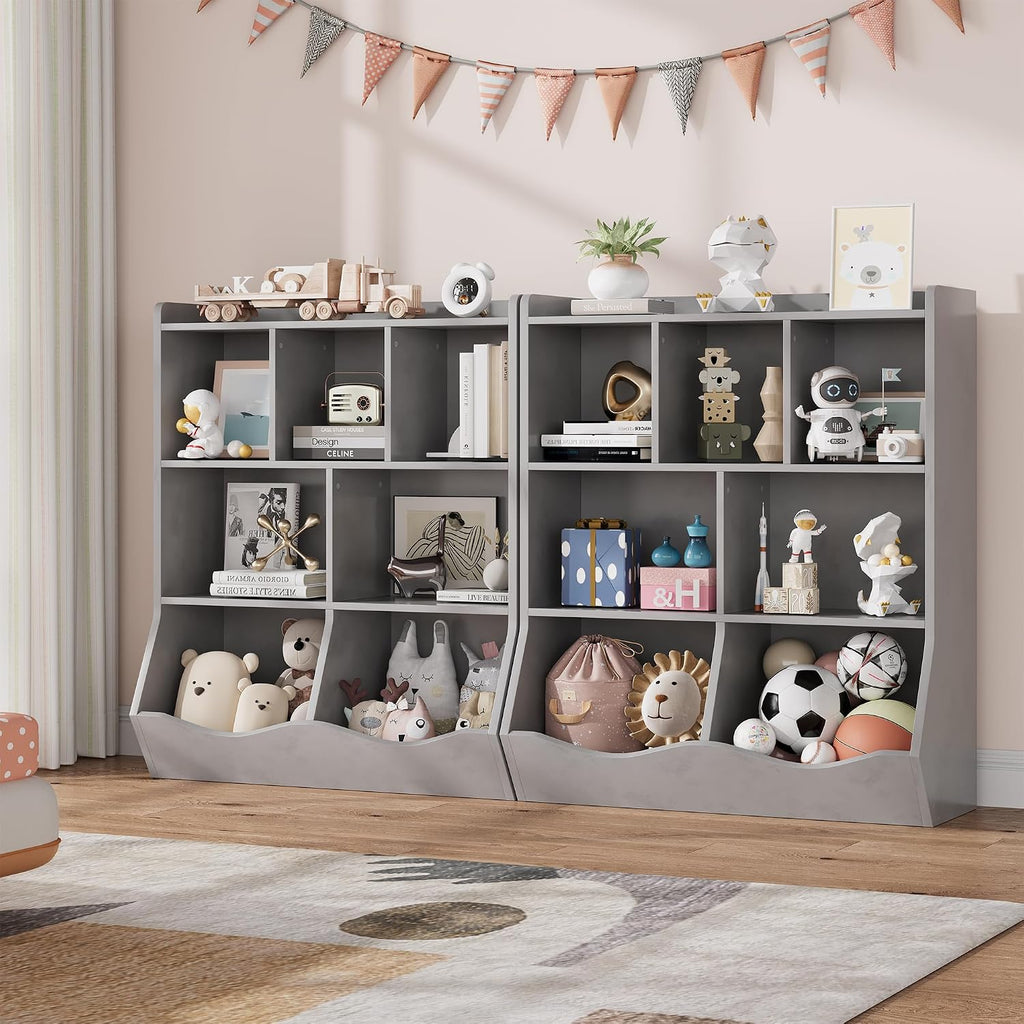 GarveeHome Grey Toy Storage Cabinet, Three-Tier Kids Bookshelf and Bookcase for Storage Books and Toys, Multi Shelf with Cubby Organizer for Bedroom and Playroom