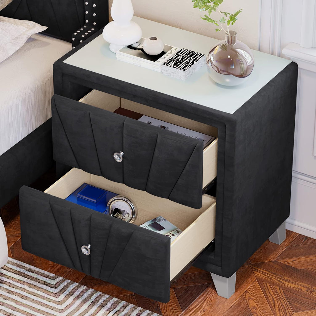 3 Pieces Velvet Bedroom Set with Full Upholstered Bed and Two Nightstand, Contemporary Furniture Set for Bedroom Living Room (Black+3 Pieces+Full)