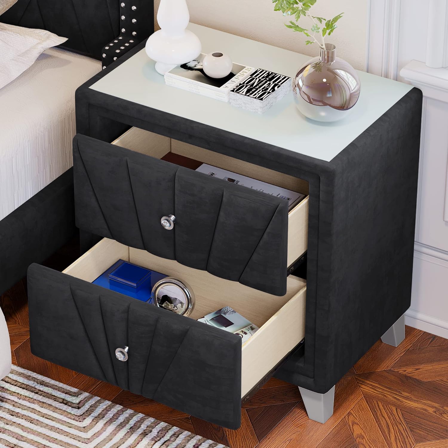 3 Pieces Velvet Bedroom Set with Full Upholstered Bed and Two Nightstand, Contemporary Furniture Set for Bedroom Living Room (Black+3 Pieces+Full)