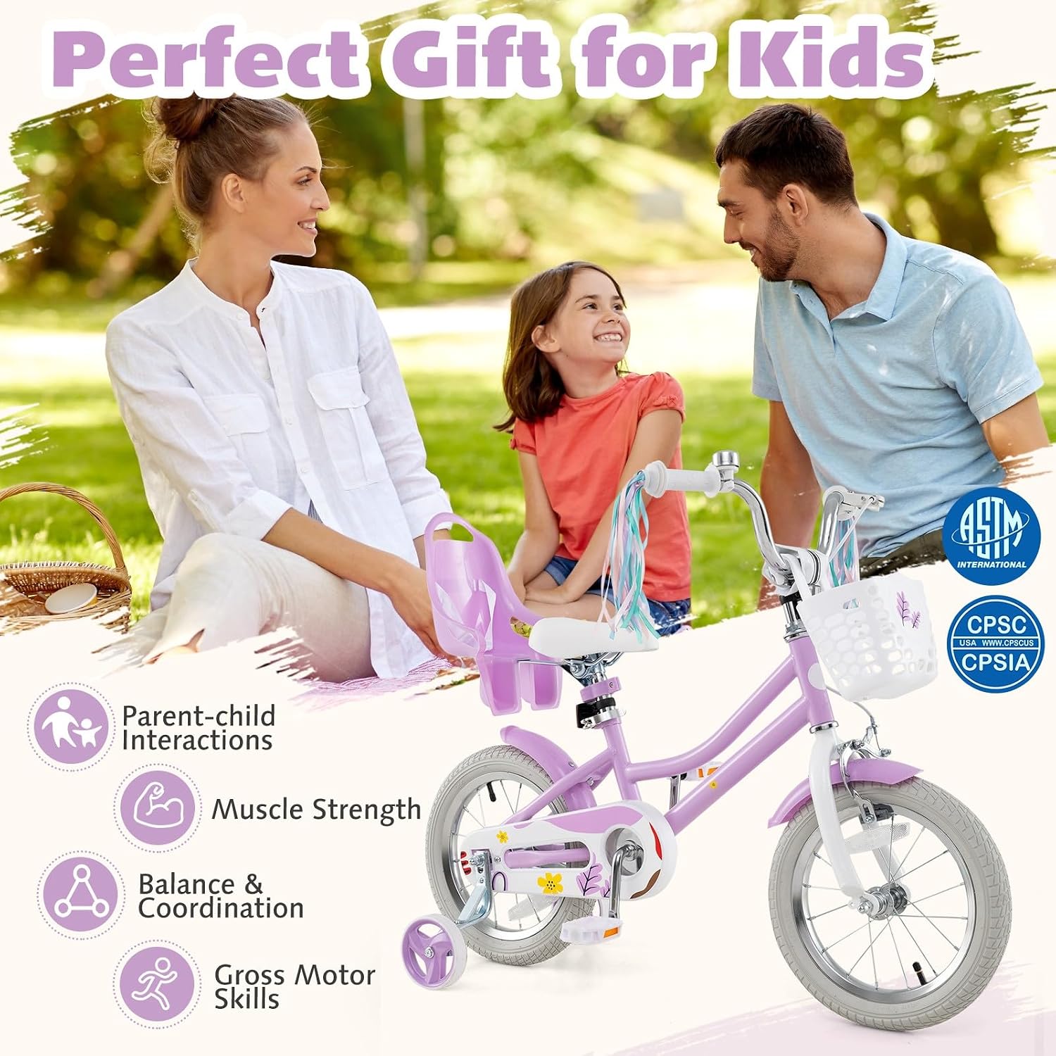 HONEY JOY Kids Bike, 12 14 16 18 Inch Girls Bike w/Training Wheels, Doll Seat, Streamers, Handbrake & Coaster Brake, Fully Enclosed Chain, Princess Style Children Bicycle, Gift for Girls 3-8