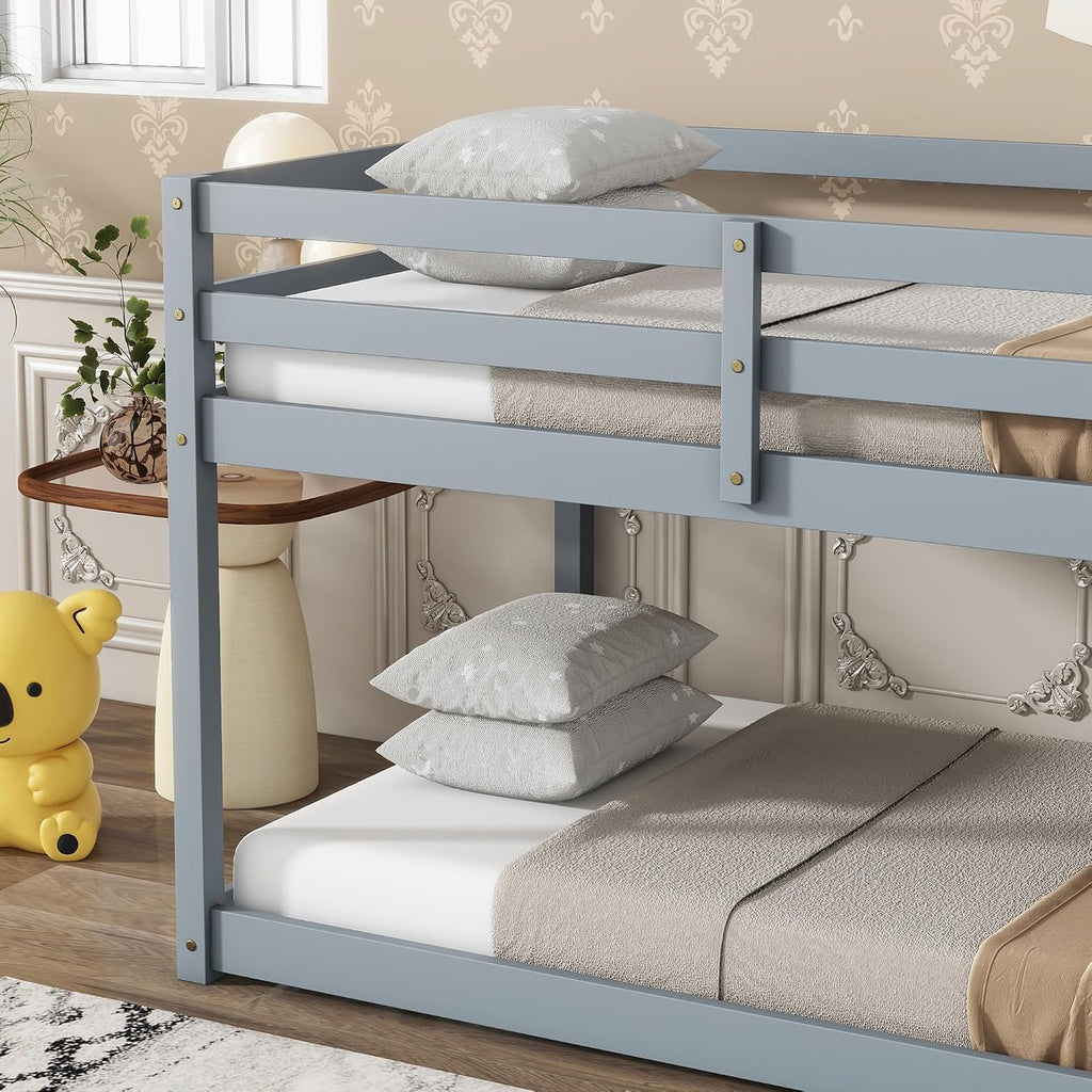 Ball & Cast Twin Over Twin Bunk Bed,Solid Rubber Wooden Low Floor Platform Bed with Ladder and Full Length Guardrail,Slat Support,Bedroom Furniture for Girls Boys,Grey