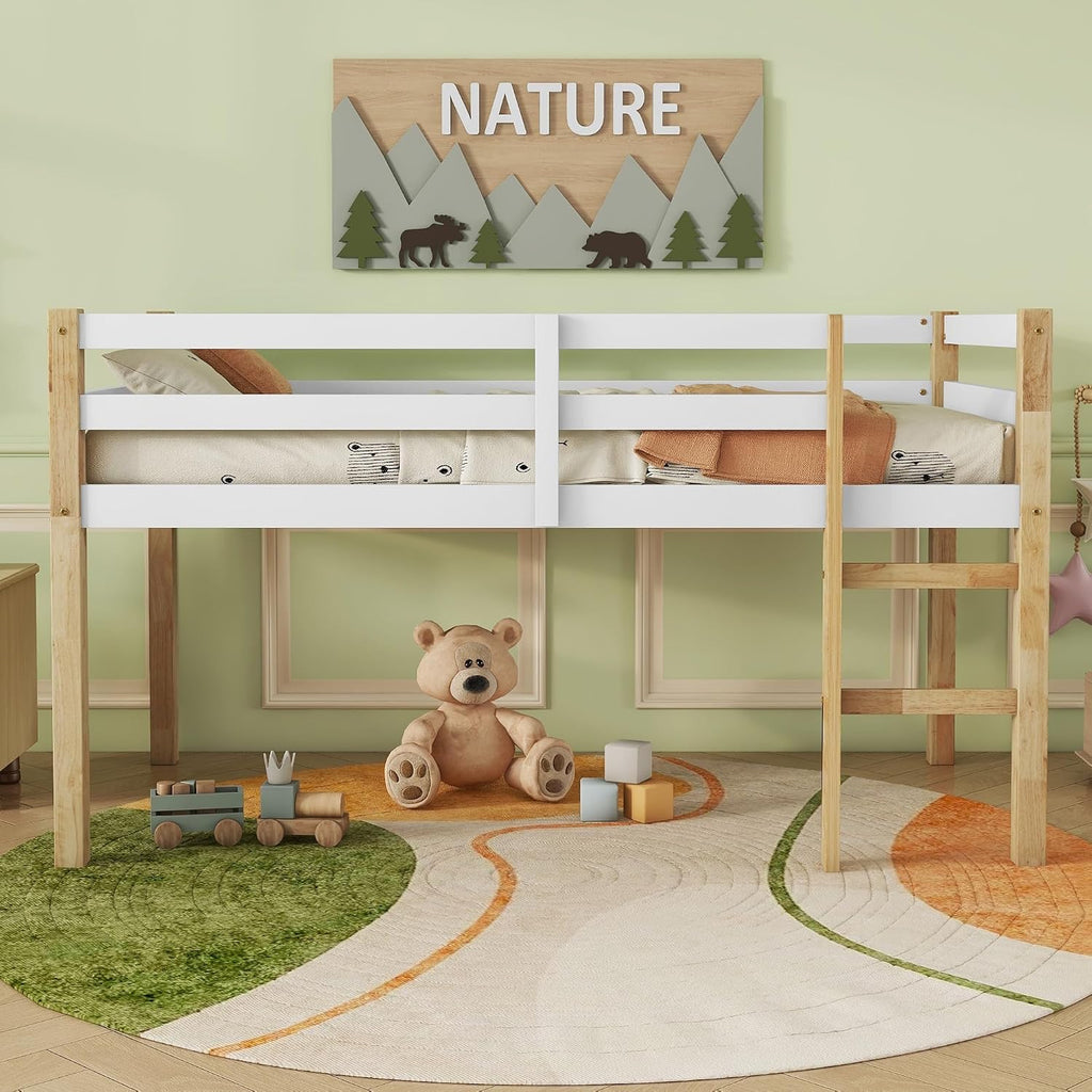 JIVOIT Solid Wooden Twin Loft Bed with Ladder, Rubber Wood Bed Frame with Ladder, Platform of Strengthened Slats, Low Height Design Loft Bed, No Box Spring Needed