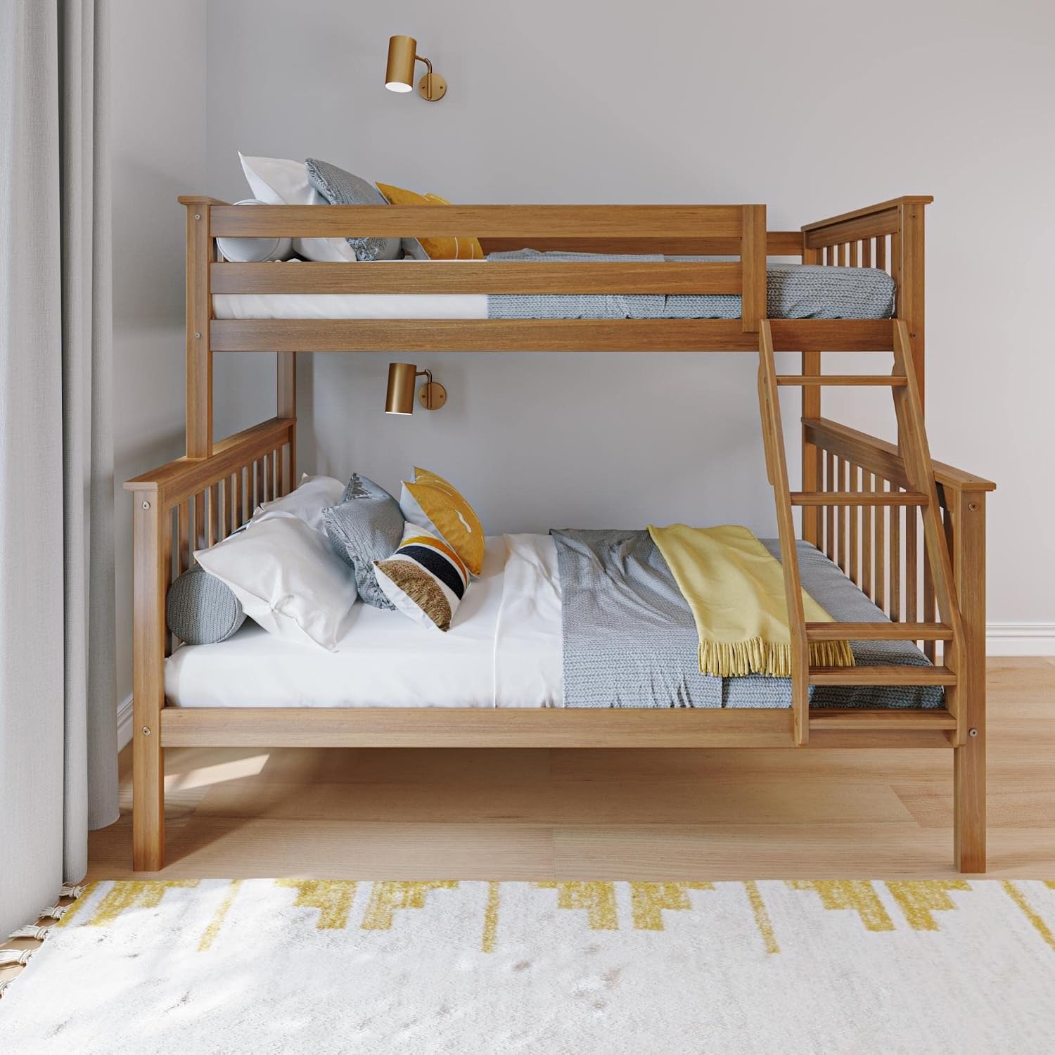Max & Lily Bunk Bed Twin Over Full Size with Ladder, Solid Wood Platform Bed Frame with Ladder for Kids, 14' Safety Guardrails, Easy Assembly, No Box Spring Needed, Pecan