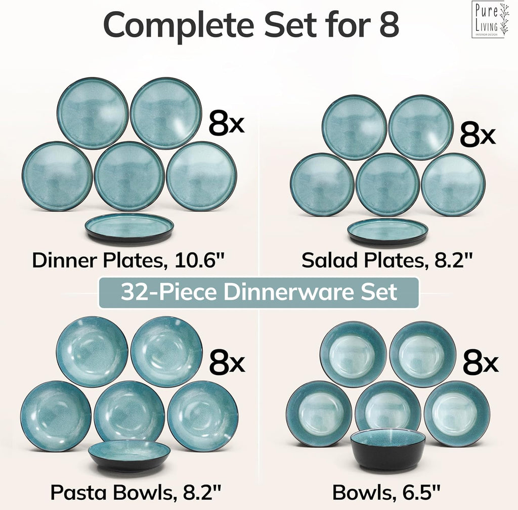 32 Piece Dinnerware Sets for 8 - Modern Style Stoneware Dinnerware Set - Scratch Resistant, Dishwasher Safe Plates and Bowls Sets Ceramic, Dish Set, Bowl and Plate Set - Black and Petrol Blue…