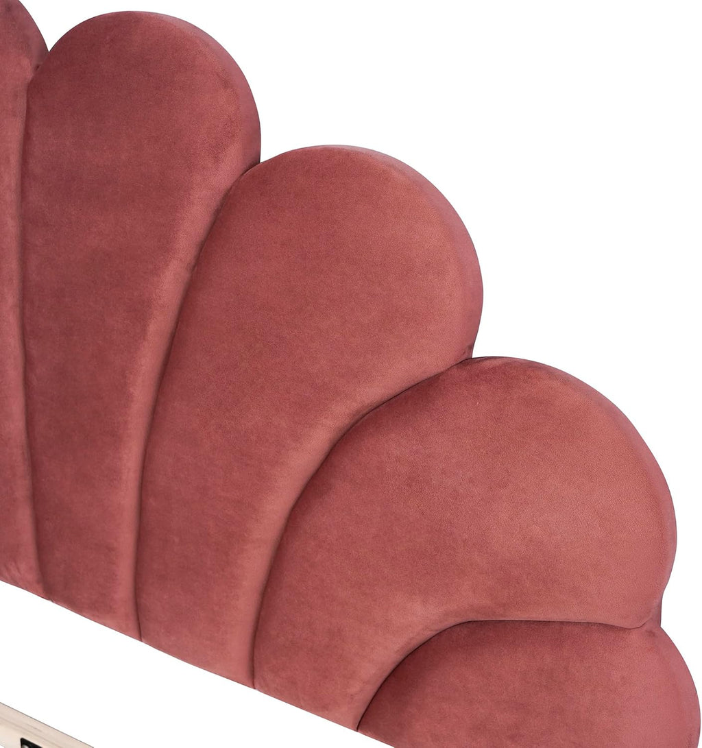 Merax Full Size Upholstered Platform Bed Wooden Frame with Flower Pattern Velvet Headboard for Bedroom,Boys Girls,Bean Paste Red