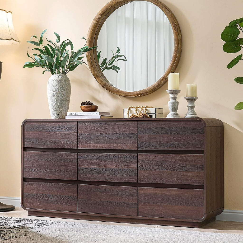 Standifurno 9 Drawer Double Dresser for Bedroom, Modern Curved Wood Chest Drawers of Handleless, Large Storage Dresser Bedroom, Living Room, Entryway, Walnut