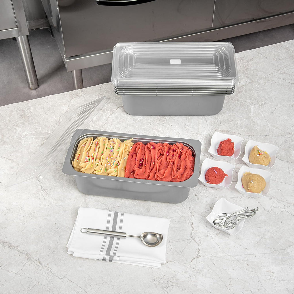 Restaurantware 5 Quart Ice Cream Tub, 100 Count, 5.28 Liter Capacity, Plastic Dessert Container, Rectangular Food Storage Box, Stackable Clear Lid, Gray