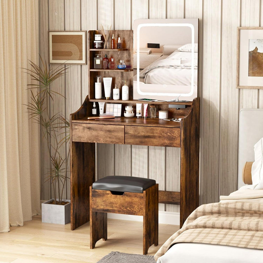 Vabches Vanity Desk with LED Light Mirror and Charging Station 30.3in, Small Vanity Set with 4 Storage Shelves 2 Drawers, Vanity for Girls Women with Storage Stool, Vanity Table for Bedroom (Brown)