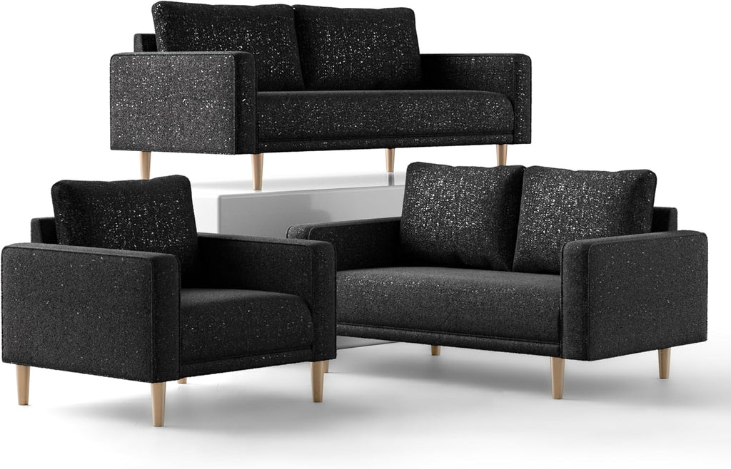 Furniture of America Oriana Contemporary Boucle Fabric 3-Piece Sofa Set with Back Pillows and Wooden Legs, Accent Furniture Sets for Living Room, Home Office, Bedroom, Lounge, Black