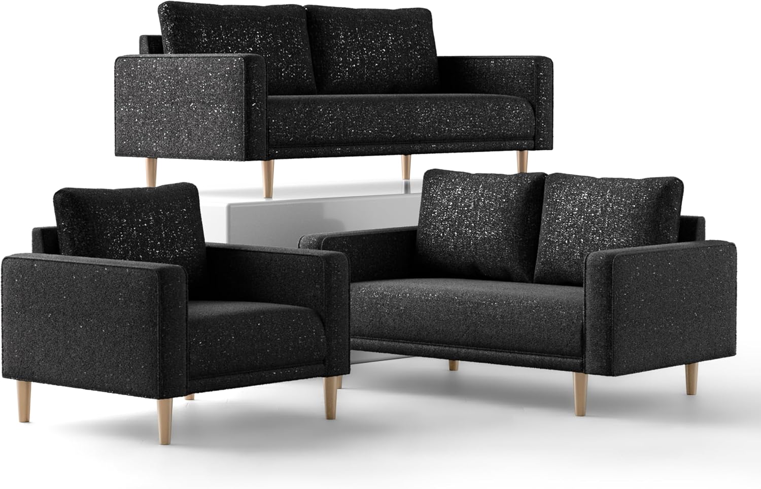 Furniture of America Oriana Contemporary Boucle Fabric 3-Piece Sofa Set with Back Pillows and Wooden Legs, Accent Furniture Sets for Living Room, Home Office, Bedroom, Lounge, Black