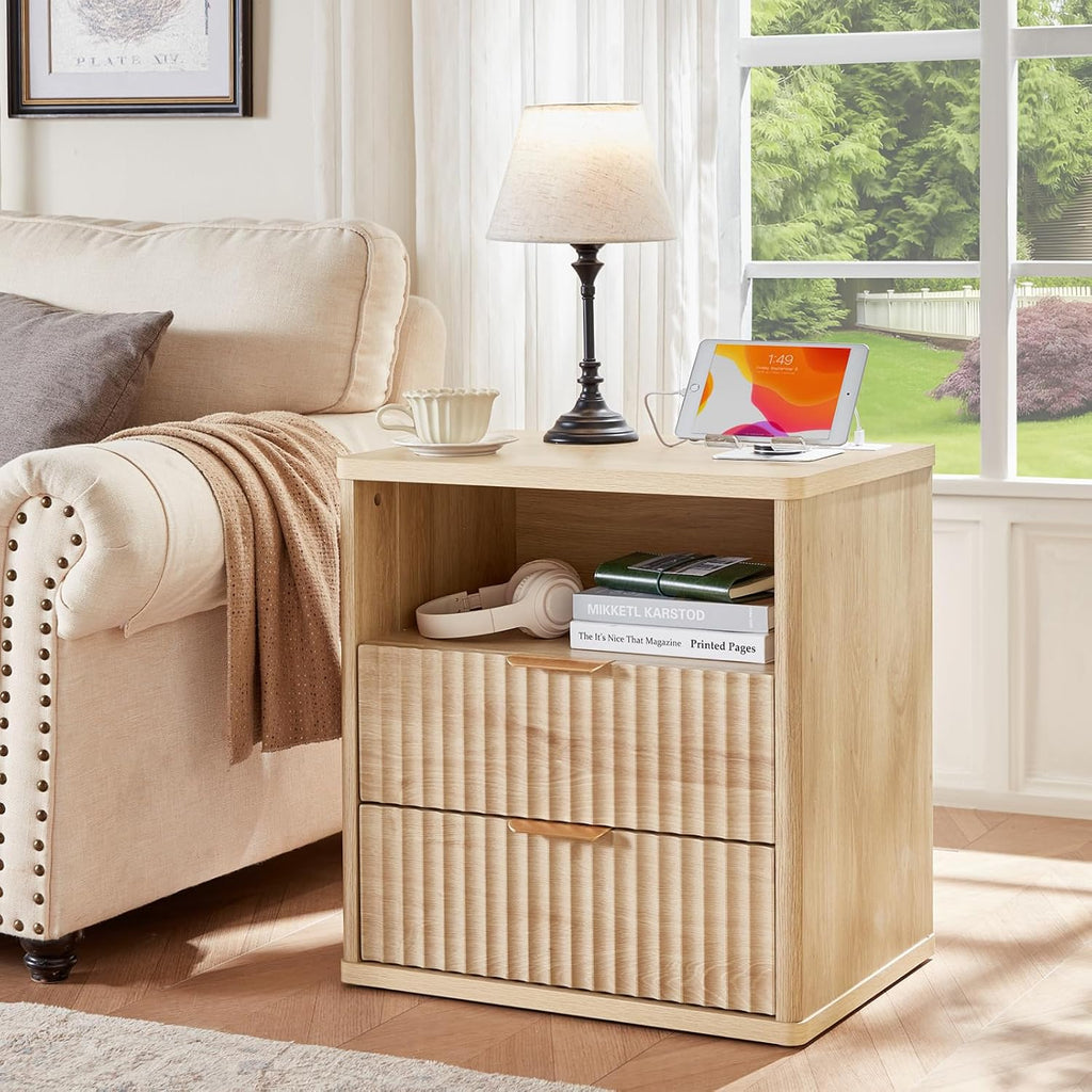LEYAOYAO Fluted Nightstand with Charging Station, 23' Wide 2 Drawers End Table, Natural Night Stand with Open Storage Cabinet, Farmhouse Bed Side Tables, Wood Dresser for Bedroom, Living Room, Closet