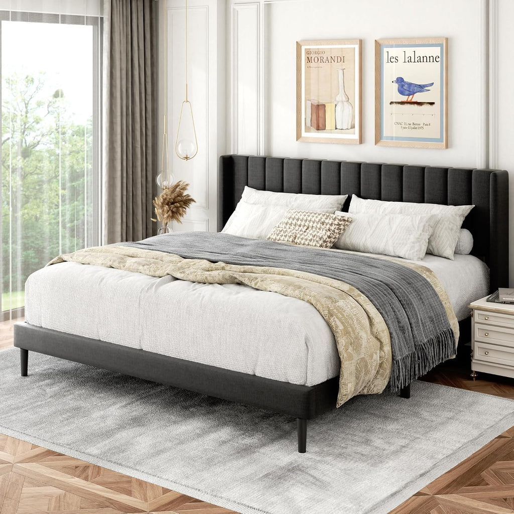 Gruwans King Size Bed Frame with Wingback Headboard, Upholstered Platform Bed, No Box Spring Needed, Sturdy Wooden Slat Support, Easy Assembly, Dark Gray
