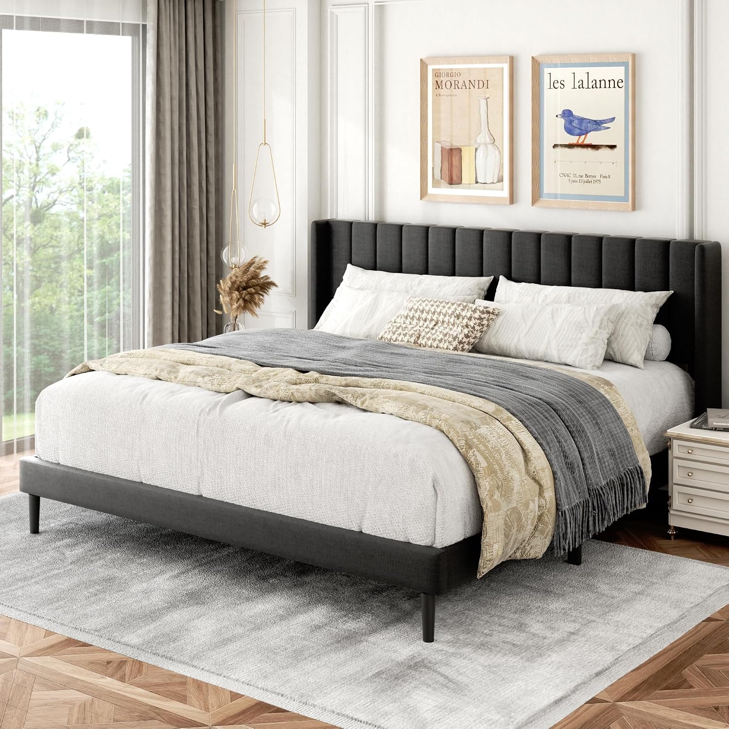 Gruwans King Size Bed Frame with Wingback Headboard, Upholstered Platform Bed, No Box Spring Needed, Sturdy Wooden Slat Support, Easy Assembly, Dark Gray