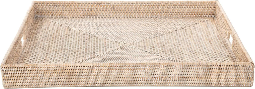 KOUBOO La Jolla Rattan Tray, Square Woven Tray - Decorative Coffee Table, Breakfast Tray, Home Decor Basket Style, Extra Large, White-Wash