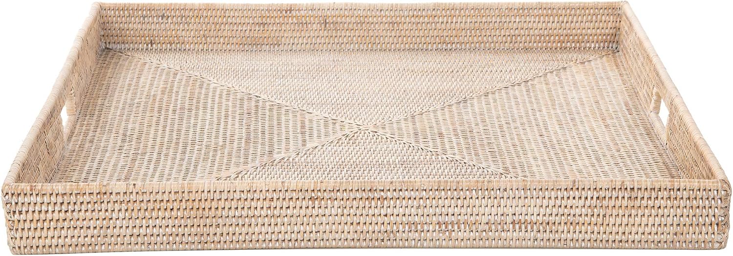 KOUBOO La Jolla Rattan Tray, Square Woven Tray - Decorative Coffee Table, Breakfast Tray, Home Decor Basket Style, Extra Large, White-Wash