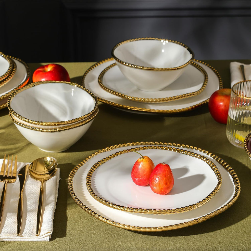 Christian Siriano Akoya Porcelain Dinnerware Set, 12-Piece - Dish Set for 4, Plates and Bowls Set, White and Gold