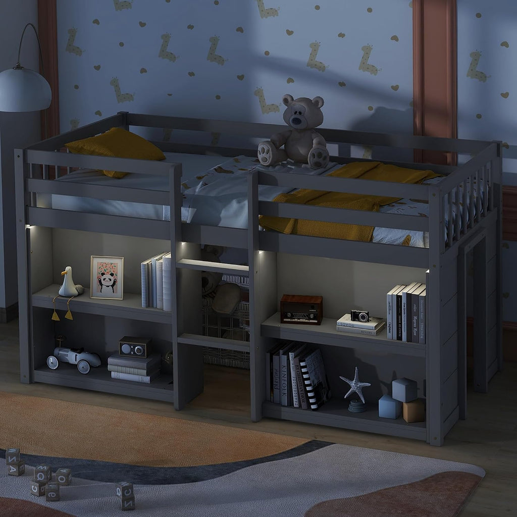 Twin Size Low Loft Bed with Two-Tier Shelves, Multifunction Wood Loft Bed Frame with Built-in Stairs, Storage Underneath, Sturdy Slats Support, Space Saving Loft Bed for Kids Boys Girls (Gray * 01)