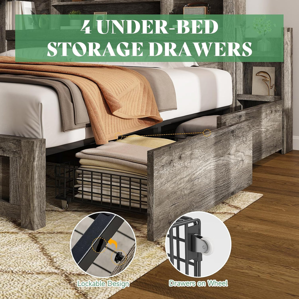 AMERLIFE Full Size Bed Frame with 4 Storage Drawers, LED Bed Frame with 49' Tall Bookcase Headboard, Wood Platform Bed with Charging Station & 2 Slide Bedside Shelf, No Box Spring Needed/Rustic Grey