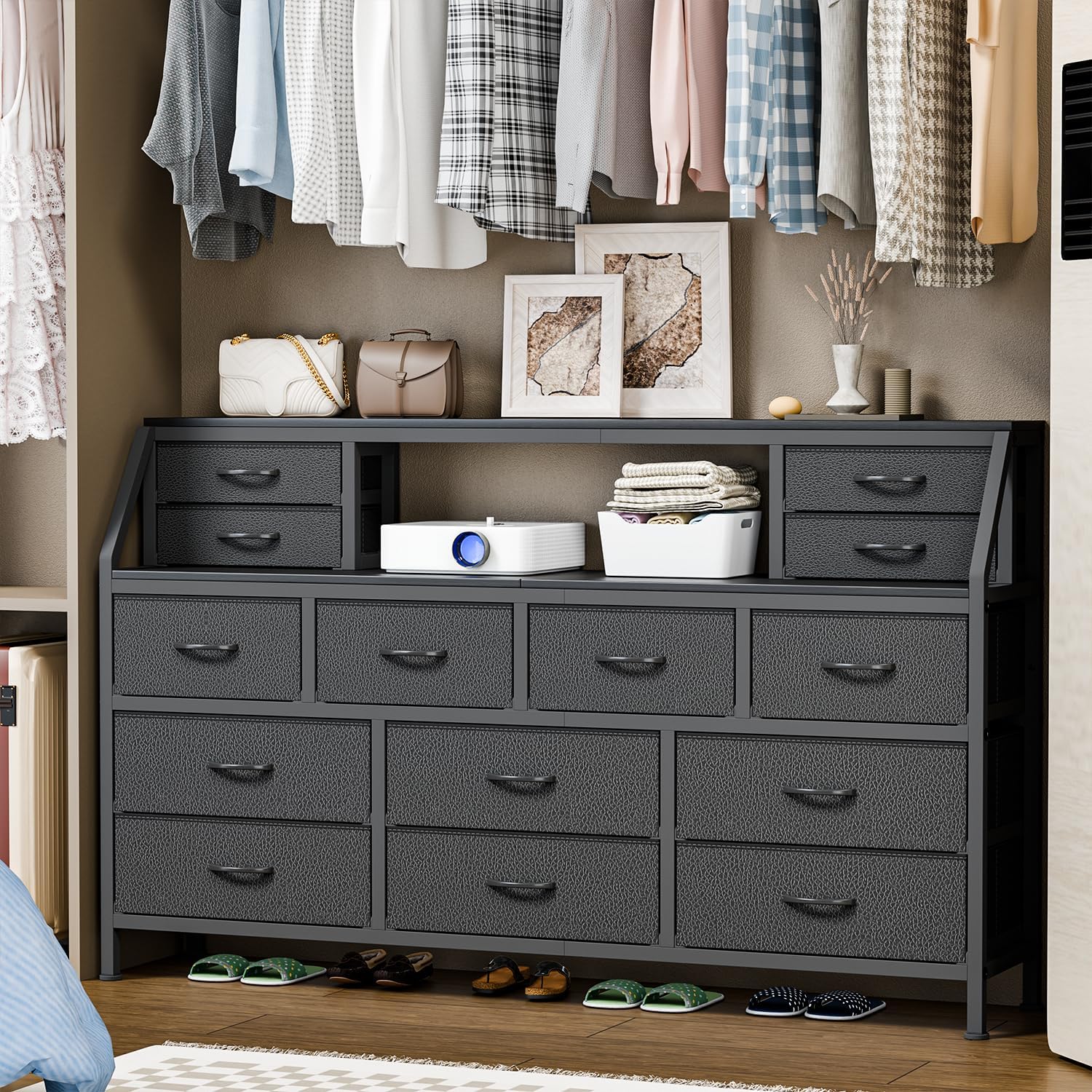 Dresser for Bedroom, 55' TV Stand with 14 Drawers, Long Dresser & Chests of Drawers with Shelves & Sturdy Metal Frame & Wood Top (Black)