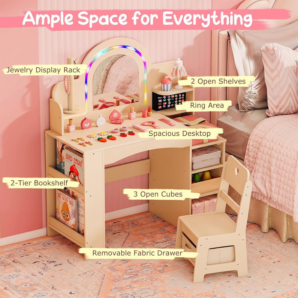 Costzon Kids Vanity, Girls Vanity Set with Lighted Mirror, Bookshelf, Jewelry Storage, Toddler Makeup Vanity Desk Dressing Table, Wooden Kids Vanity Table and Chair Set (Natural)