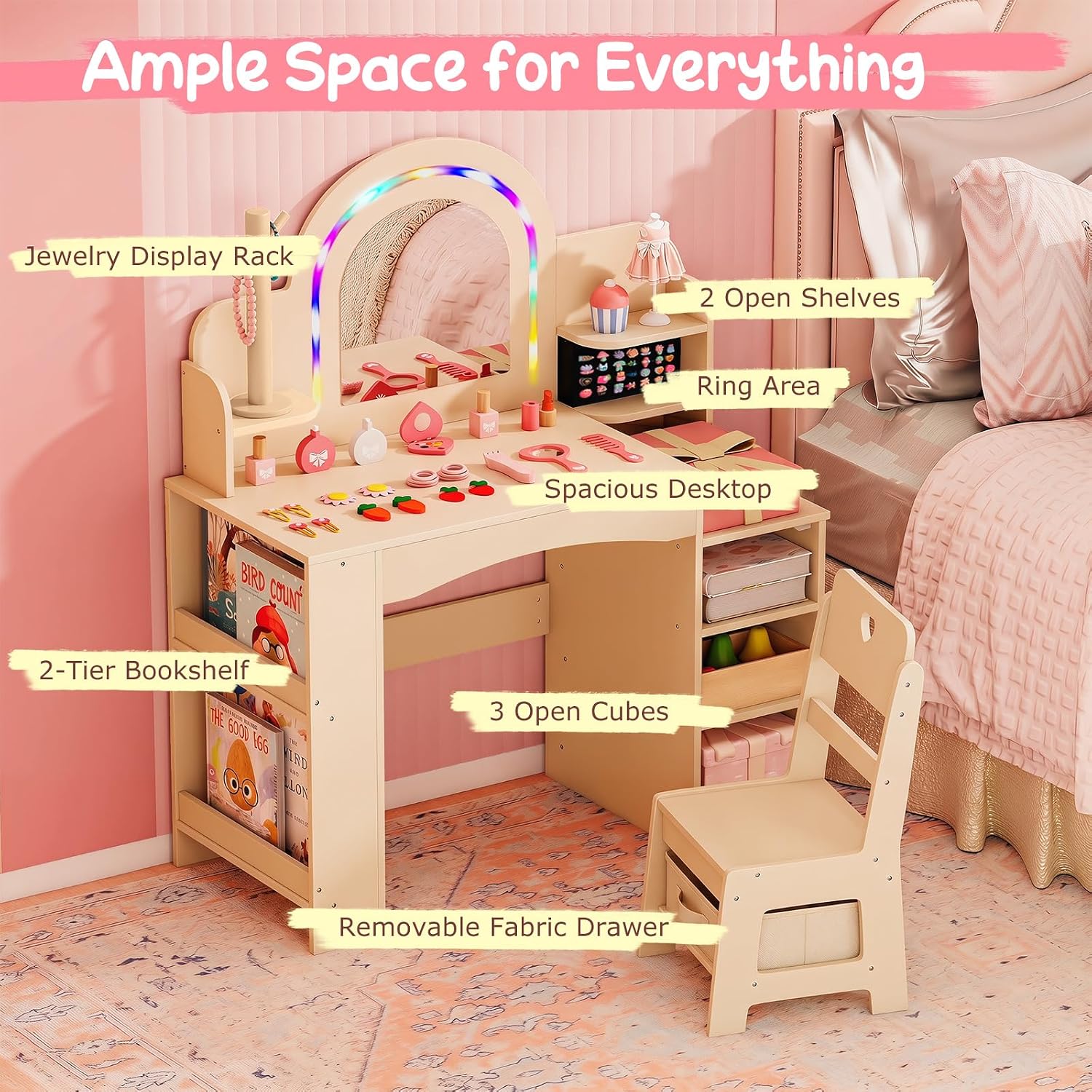 Costzon Kids Vanity, Girls Vanity Set with Lighted Mirror, Bookshelf, Jewelry Storage, Toddler Makeup Vanity Desk Dressing Table, Wooden Kids Vanity Table and Chair Set (Natural)