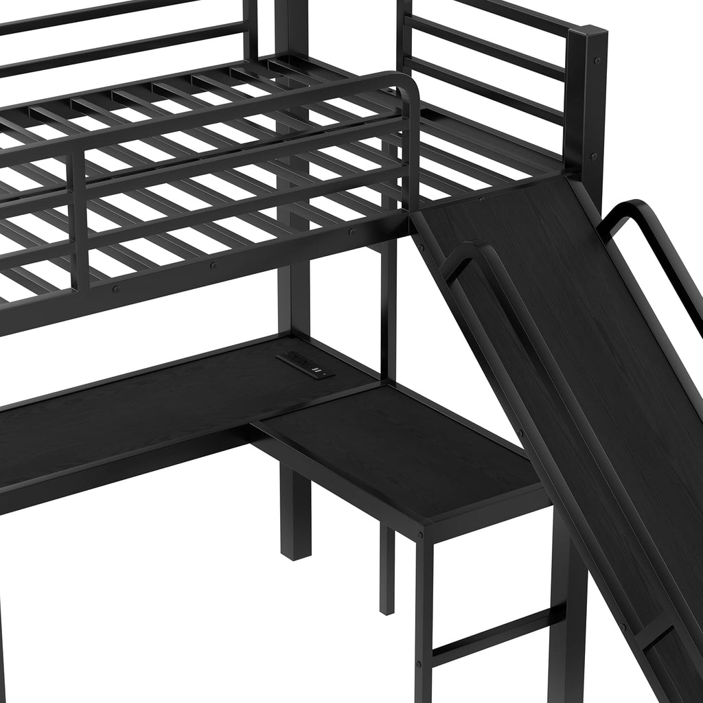 Polibi Space-Saving L-Shaped Metal Triple Bunk Bed, Twin XL Over Queen with Twin Loft Bed, Bunk Bed with Slide and USB Ports, Sturdy Frame with Noise-Free Design for Kids, Teens, Adults, Black