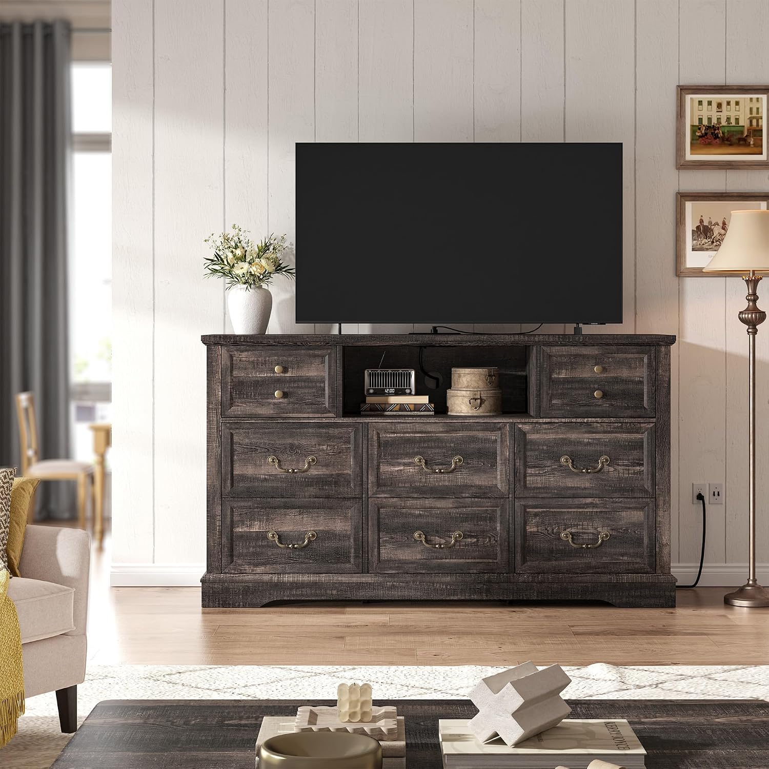 EnHomee 8 Drawers Dresser with Power Outlets and LED Lights,55' W Rustic Wooden Dressers & Chests of Drawers for Bedroom, Hallway, Rustic Oak, 55' W x 34.5' H x 15.7' D